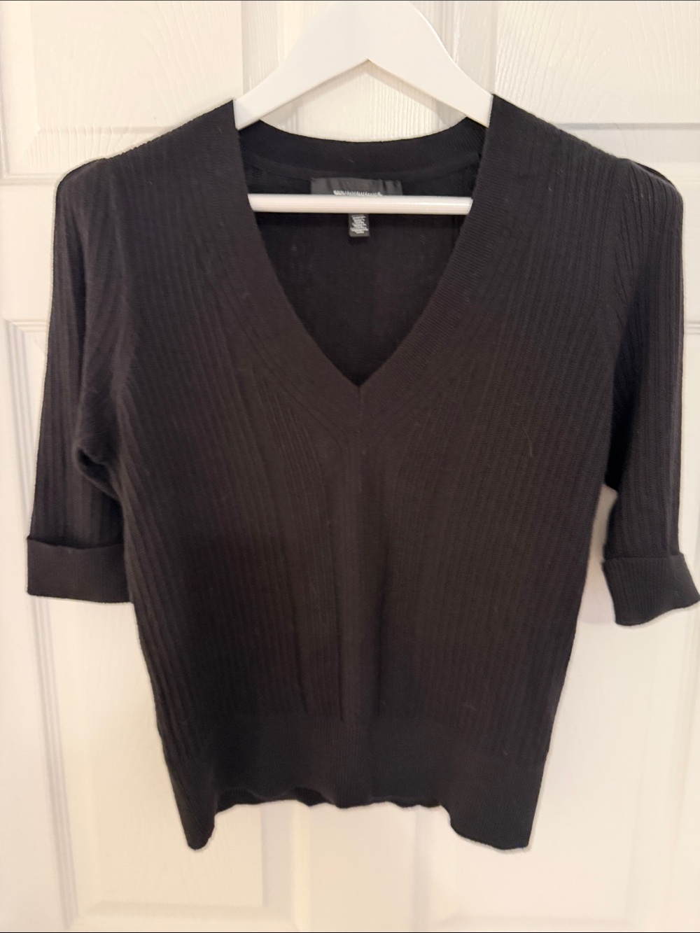 White House Black Market Ribbed V-Neck Sweater in Black
